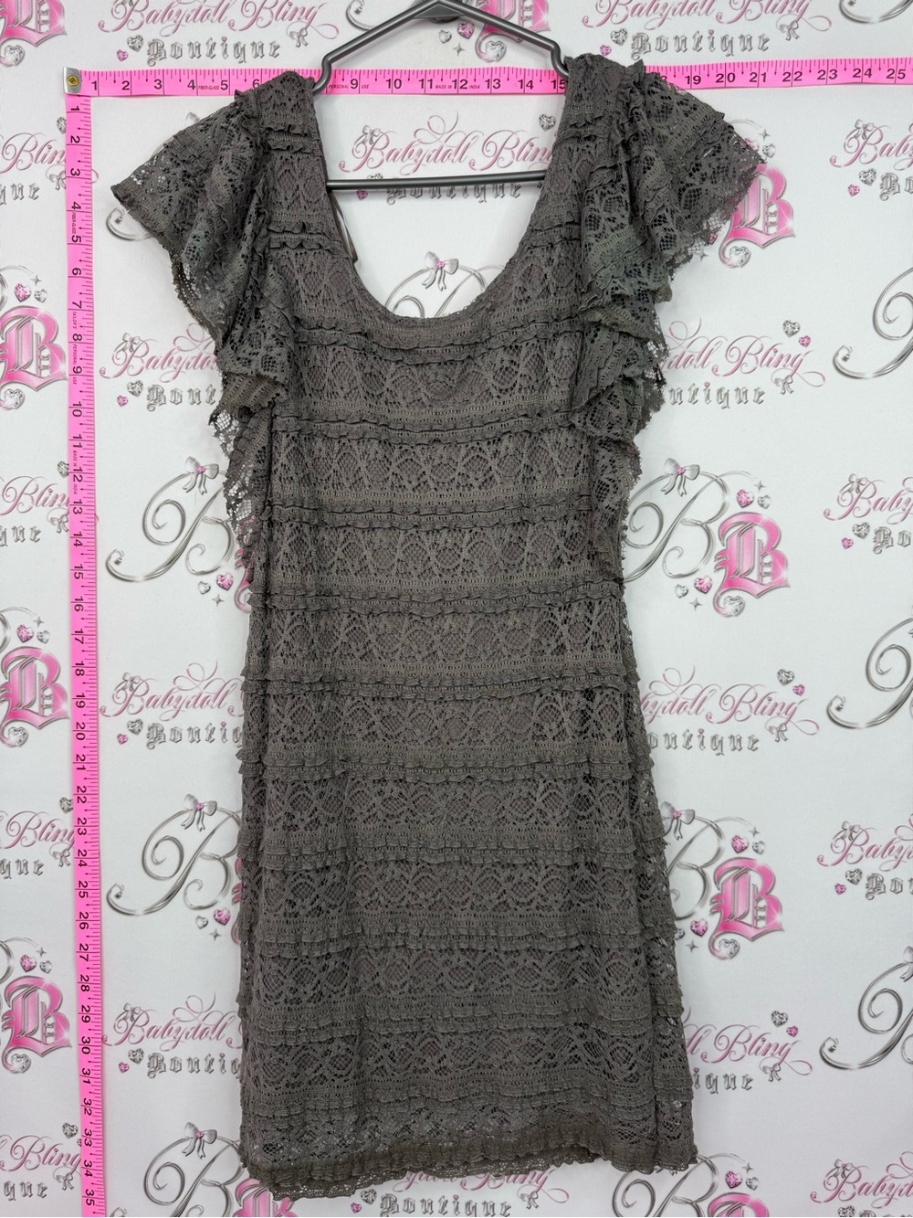 Divided Lace Flutter Sleeve Mini Dress — Gray